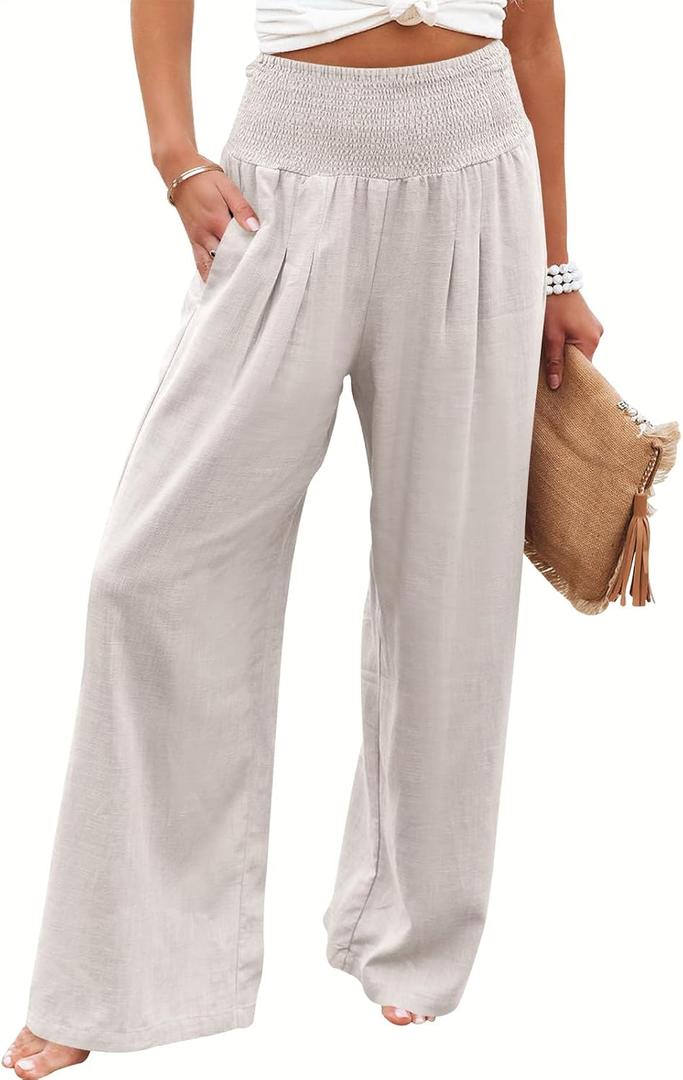 ANRABESS Women Linen Palazzo Pants Summer Boho Wide Leg High Waist Casual Lounge Pant 2026 Beach Travel Vacation Outfits (Beige, M)