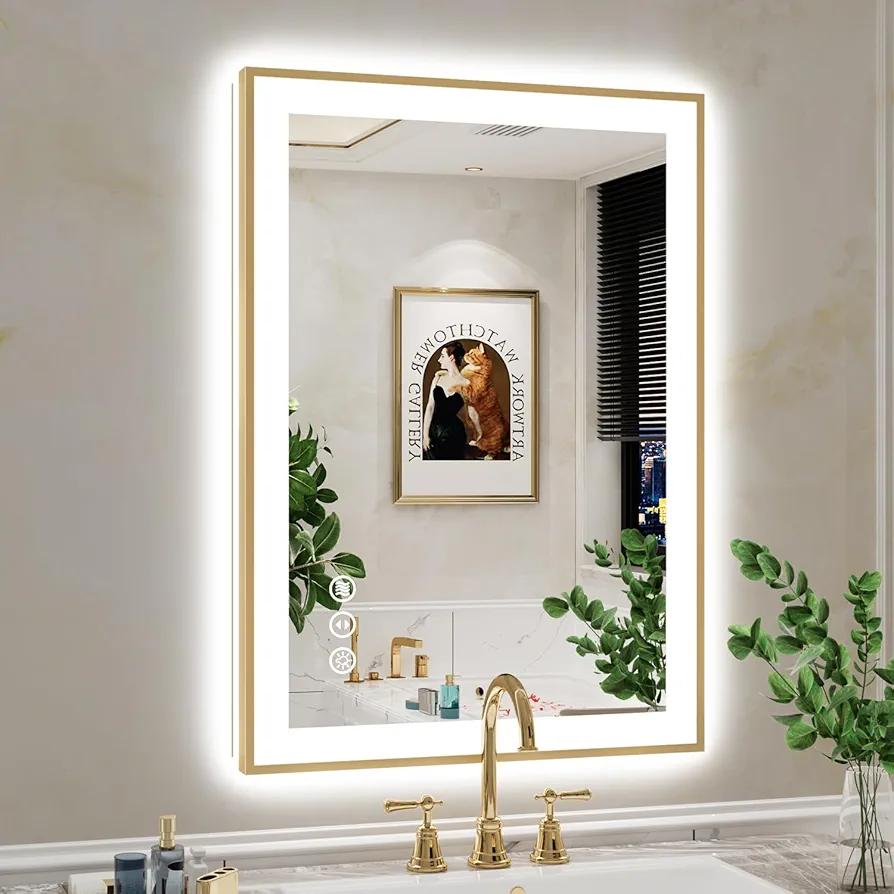 YEELAIT 36x30 Inch LED Bathroom Mirror with Lights (Front Lit and Backlit) Gold Framed Lighted Vanity Mirror for Bathroom Wall Dimmable Anti-Fog Memory Tempered Glass Horizontal/Vertica
