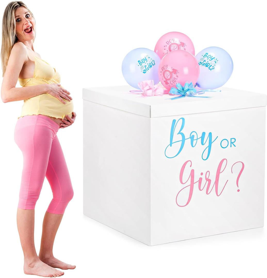 Kolldenn 28 Inches Jumbo Gender Reveal Gift Box with Lid Kit, Extra Large White Gift Box with Boy or Girl Balloon, Stickers and Giant Pull Bows for Gender Reveal Birthday Party Decor Baby Shower, 20 count