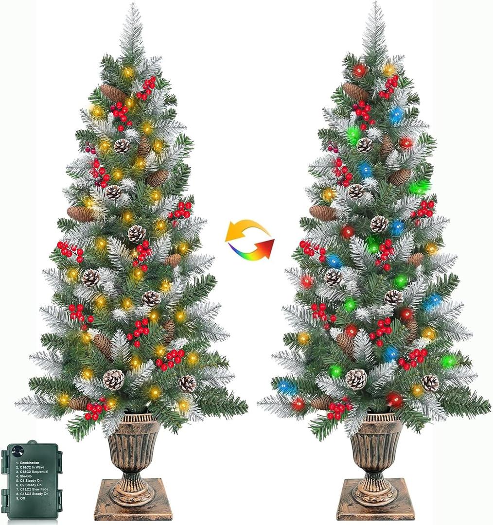 2Pack 4FT Outdoor Snowy Christmas Entrance Tree in Pot Base with 8 Modes Timer 60 Warm White & Colorful Change Light Battery Operated 15 Pine Cone 105 Red Berries Porch Front Door Decor