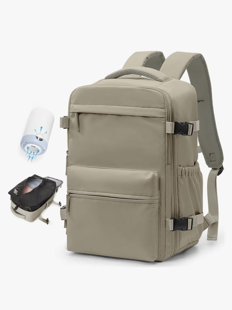 Vacuum Travel Backpack with Pump for Women, Personal Item Carry on Vacpack Backpacks Flight Approved 18x14x8 inches for Men,Laptop Waterproof Work Compression bags Casual Daypack GreyBrown