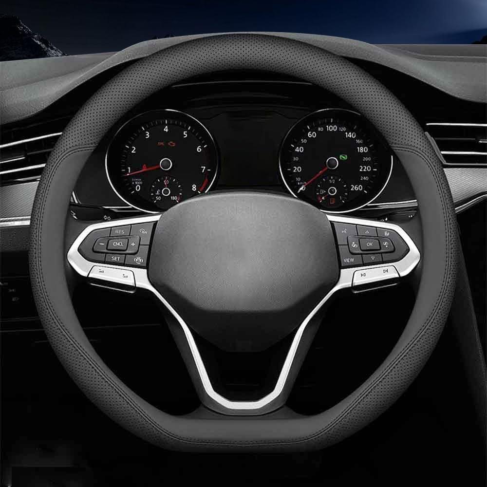 Carodi Latest Nappa Leather car Steering Wheel Cover, Stylish Non-Slip Leather car Interior 15 inches Universal (D-Shape,Black)