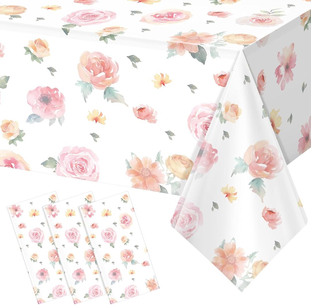 3 Pcs Spring Floral Tablecloth, Pink Wildflower Plastic Disposable Tablecloth Rectangle Table Covers for Easter, Birthday, Wedding, Baby Shower, Tea Party and Mothers Day Decorations,54 x 108 Inch