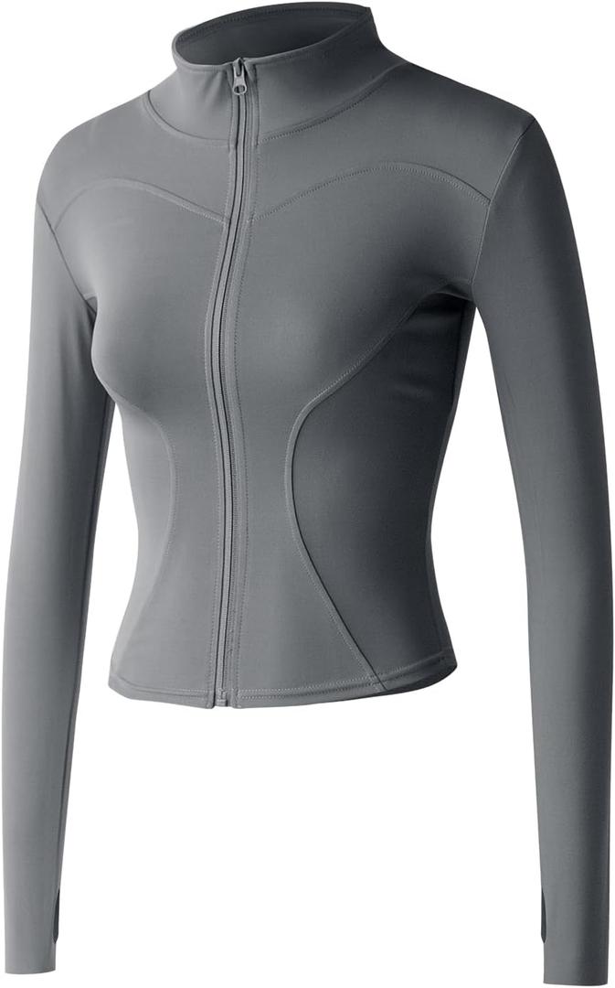Gacaky Women's Slim Fit Lightweight Athletic Full Zip Stretchy Workout Running Track Jacket with Thumb Holes (Medium, Grey)