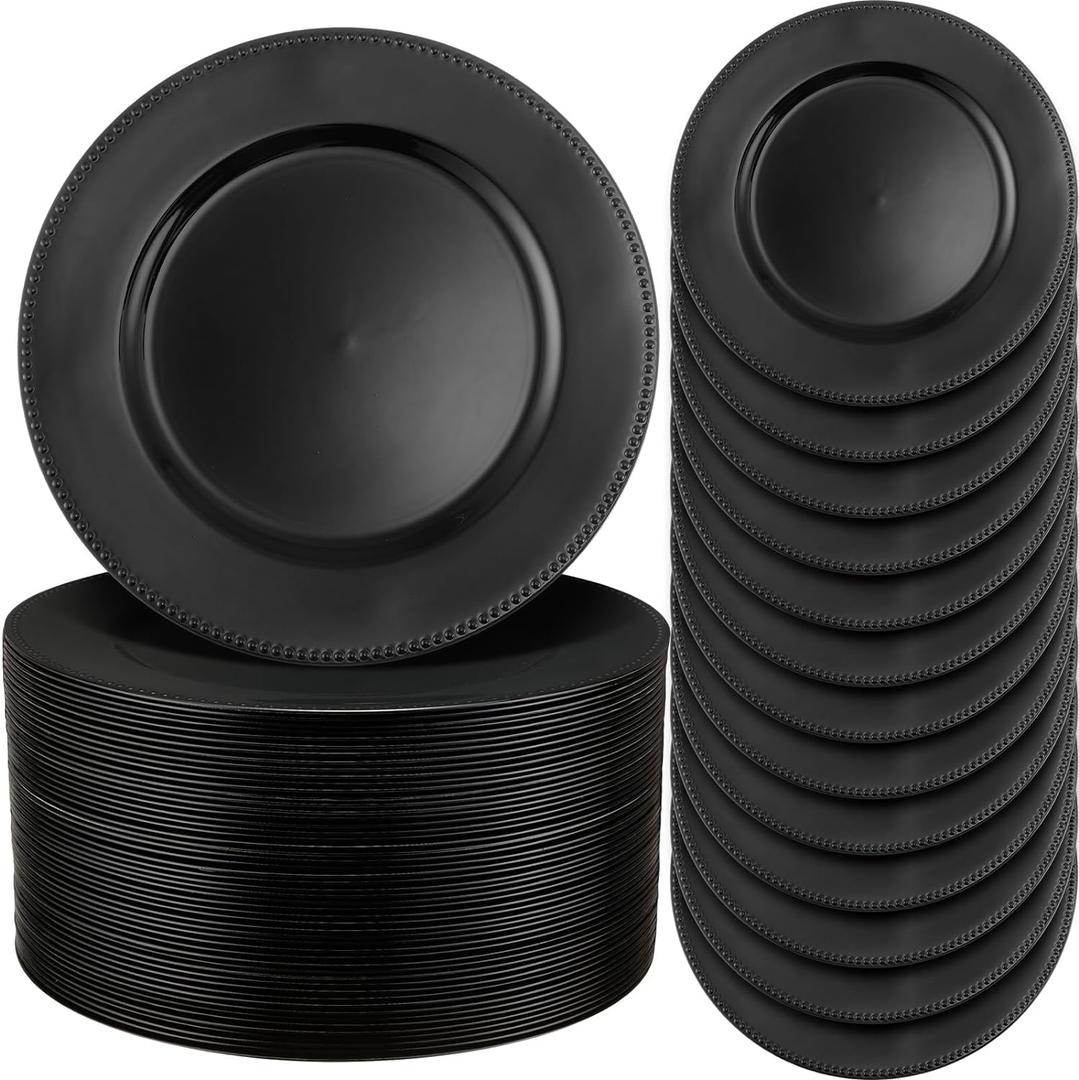 Jinei 100Pcs Painted Charger Plates with Beads, 13 Light Luxury Round Vintage Plates Table Decoration Reusable Dinner Charger for Dining Table Wedding (Black)