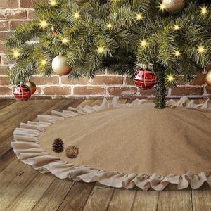 Burlap Christmas Tree Skirt 48'', Large Fall Tree Skirt with Ruffle Border, Rustic Farmhouse Christmas Decorations Ornaments, Brown Linen Tree Mat for Autumn Thanksgiving Country Home Decor