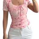 GORGLITTER Women's Floral Mesh Ruched T Shirt Tie Front Short Sleeve Square Neck Slim Tops (X-Large, Pink)