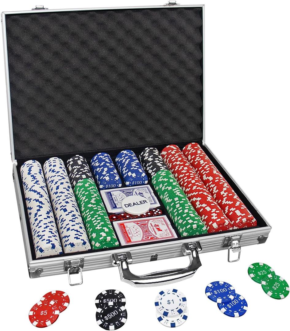 Poker Chips with Numbers,500PCS Poker Chip Set with Aluminum Travel Case,11.5 Gram Poker Set for Texas Holdem Blackjack Gambling. (Red Green Black White Blue - 500 Chips With Numbered Values)