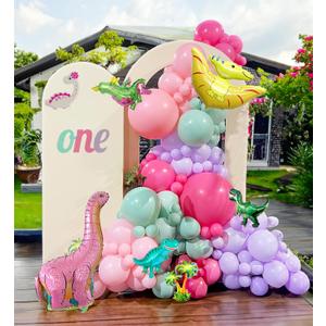 Pink Dino Balloon garland arch kit with Pastel Pink Purple Teal and Foil Dinosaur balloon for dinosaur Theme Party Decorations for Girl (Pink Purple Teal)