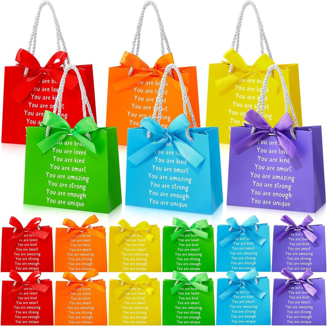 Kolldenn 24 Pack Christmas Gift Bags Rainbow Gift Bag with Handles Ribbon Inspiration Valentines Party Favors for Students Coworker Party Supplies (Elegant Style)