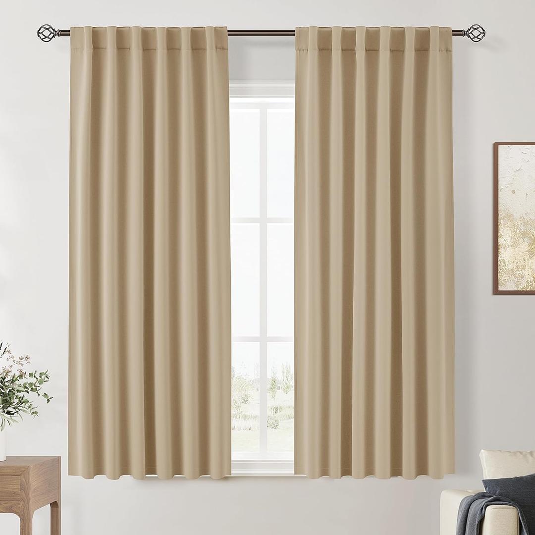 Beige Curtains 63 Inches Long Blackout Curtains for Bedroom Small Window Thermal Insulated Window Treatments Back Tab Noise Reduction Light Blocking Drapes 2 Panels Set