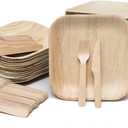 Bamboo Plates with Cutlery - Set of 50 Plates (8in) + 50 Forks + 50 Knives | Biodegradable Palm Leaf Plates | Disposable Dinner Plates | Rustic Dinnerware for Christmas, Wedding, Party