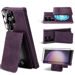 MONASAY Magwallet Case Fit for Samsung Galaxy S24 Ultra [Wireless Charging] [Lens & Glass Screen Protector Included] Flip Folio Magnetic Leather Phone Cover with Detachable Card Holder, Dark Purple