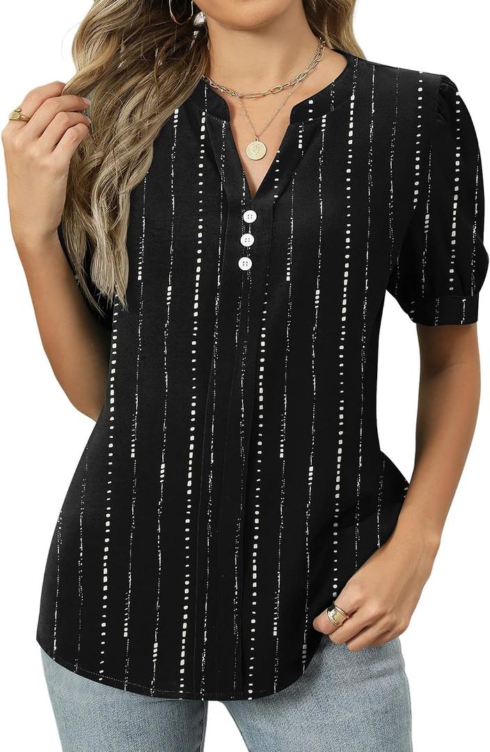 Kistore Women's Short Sleeve Tops Dressy Casual Business Work Blouses V Neck Chiffon Top Office Shirts (Black, XL)
