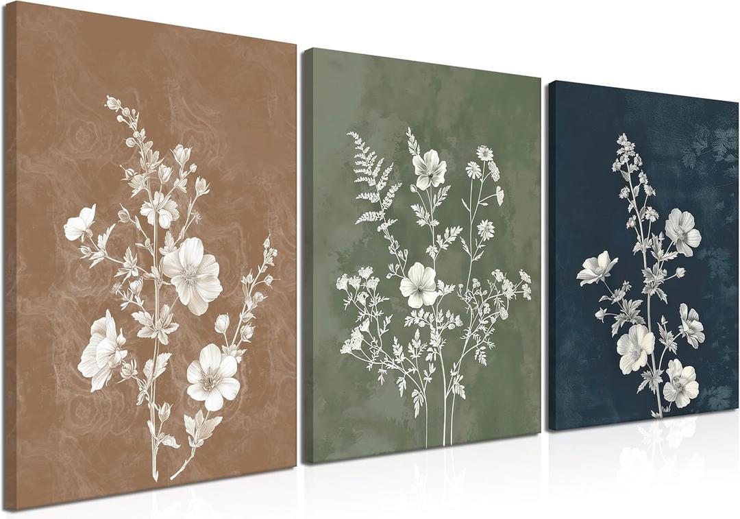 Framed Boho Canvas Wall Art Set of 3, Minimalist Botanical Picture Wall Decor Painting, Vintage Floral Rustic Farmhouse Posters Prints for Living Room Bedroom Bathroom Home Decor 12x16In