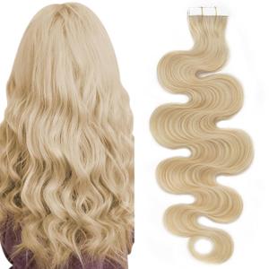 SEGO Wavy Tape In Hair Extensions Human Hair 20pcs 50g 20 Inch Blonde Remy Seamless Skin Weft Invisible Double Sided Body Wave Human Hair Tape In Extensions for Women -#0613 Bleach Blonde