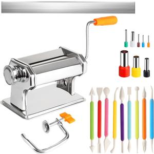 Stainless Steel Polymer Clay Roller Machine Set Includes Clay Presser Machine with 7 Adjustable Thickness Settings,8 Round Clay Cutter,9 Clay Shaping Tool and 7.87" Clay Cutter for DIY Craft Projects