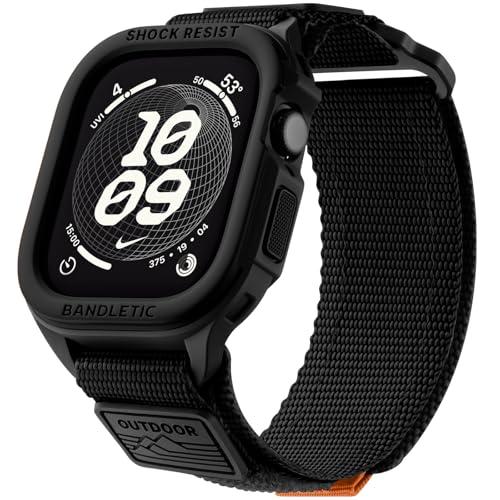 Bandletic Rugged Case with Band Compatible with Apple Watch Bands 45mm 44mm (Series 9/8/7/SE3/SE2/SE/6/5/4, Durable TPU Protective Cover Bumper Case with Nylon for Men Women(Black M, 45/44mm)