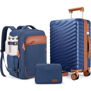 3 Piece Luggage Set with Travel Backpack, 20 PC Hardside Suitcase with Spinner Wheels, Flight Approved Carry On Luggage with YKK Zippers & TSA Lock (Blue)