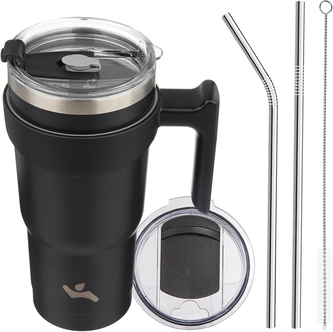 20 oz Tumbler with Handle and 2 Straw 2 Lid, Insulated Water Bottle Stainless Steel Vacuum Cup Reusable Travel Mug,Black