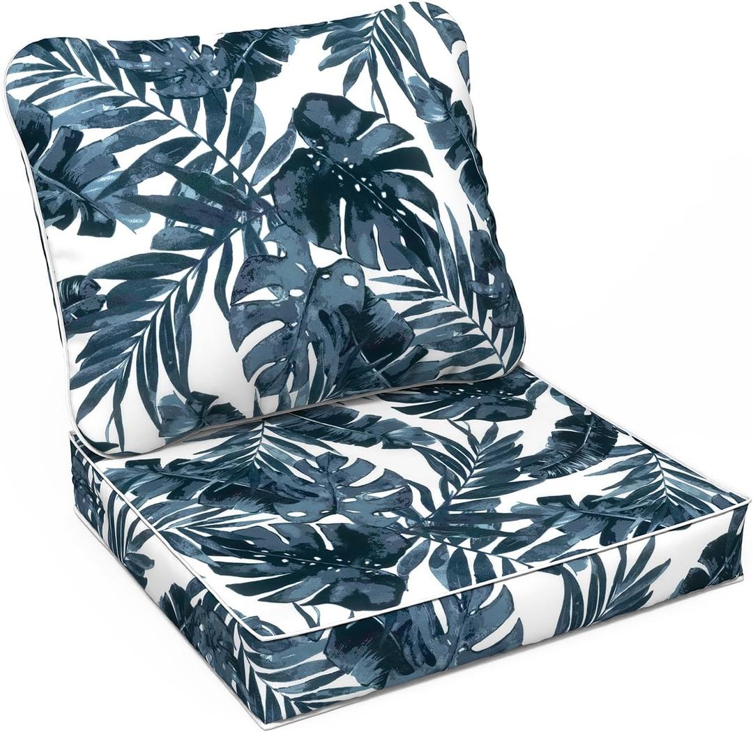 LVTXIII Outdoor Deep Seat Cushion Patio Seat and Back Cushion Set Seasonal Chair Cushion for Dining Arm Chairs, Wicker Chairs and Garden Furniture Decoration, 24"x24"x4", Palms Blue