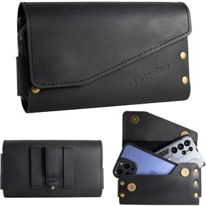 Leather Double Phone Case for Two Phones, Double Phone Holster for Men Belt, Belt Clip Dual Phone Pouch for iPhone 16 Pro Max, Samsung Galaxy S23 Ultra, for Work, Construction, Large Black