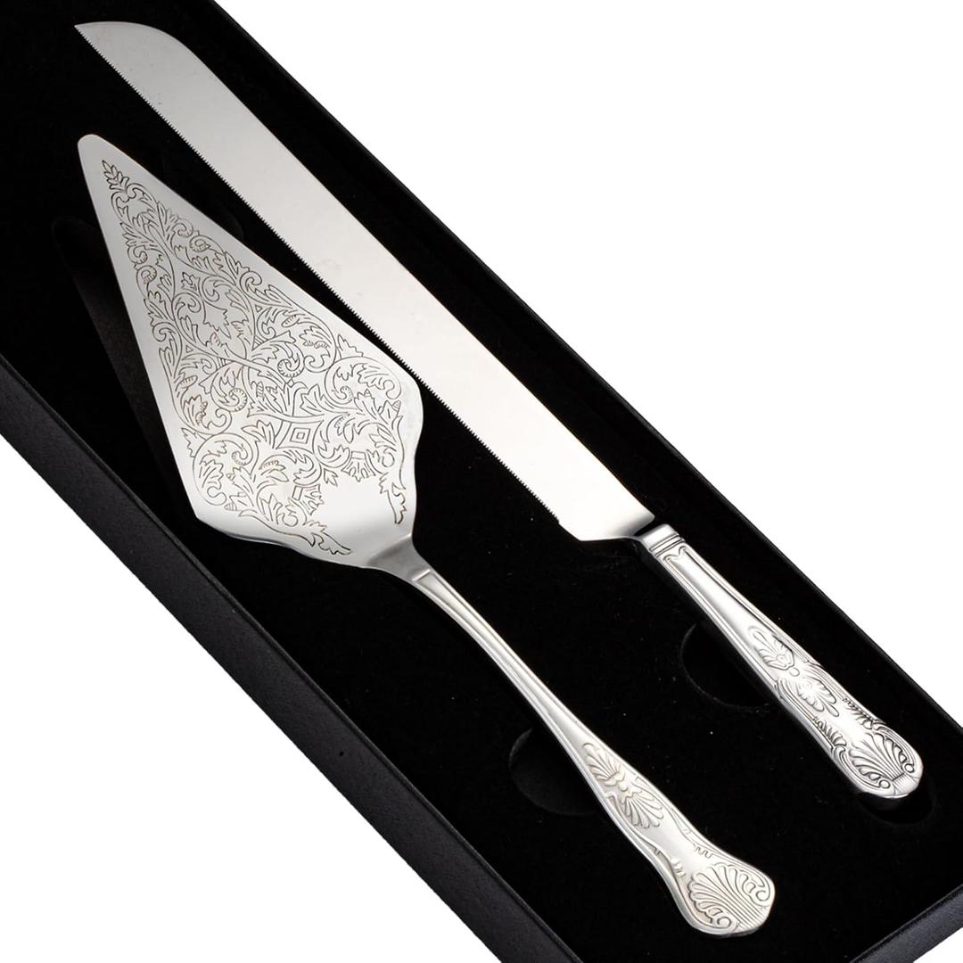 Vintage Wedding Cake Knife and Server Set, Stainless Steel Cake Pie Pastry Cutting Knife & Serving Spatula Set, Premium Party Supplies for Wedding, Birthday, Anniversary & Events, Silver