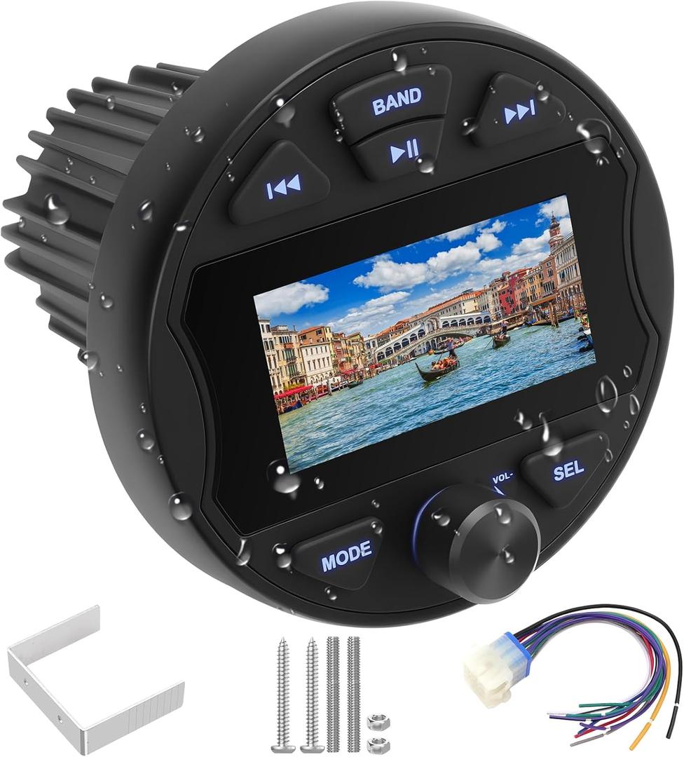 Boat Radio Marine Stereo Receiver,Waterproof Digital Multimedia MP5 Player, 3" LCD Display, Wireless Connection,No CD Player,AM/FM Tuner,AUX USB Preset EQ Subwoofer, for Car,Boat, ATV, Motorcycle, RV