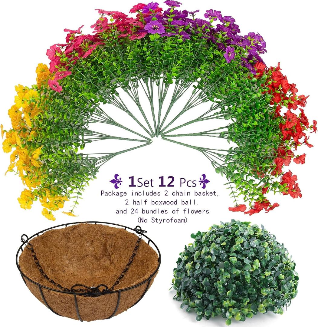 Hananona 1 Set Artificial Outdoor Flowers with Hanging Basket, 1 Hanging Planters with 24 Pcs Flowers for Spring Summer Front Porch Garden Patio Home Decor (2, Red, Purple, Yellow, Rose Red)