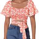 Rooscier Women's Ruched Wrap Ruffle Flare Square Neck Short Sleeve Self Tie Crop Top Blouse Floral Pink Small (S)