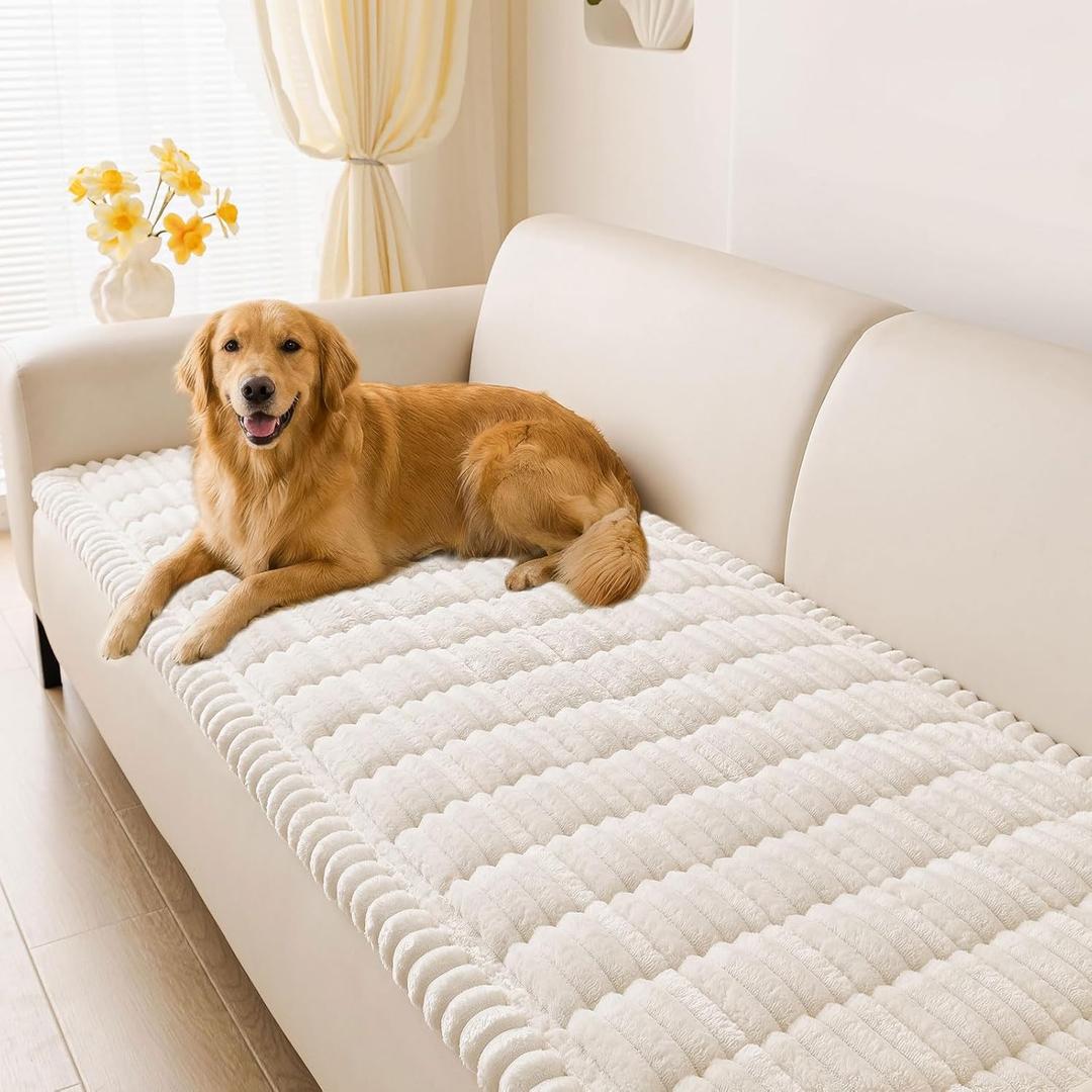 hyha Couch Covers for Dogs Washable, Non Slip Plush Dog Sofa Protectors, Fuzzy Pet Couch Covers for 3 Cushion Sofa Pet Friendly (White, 27.6" x 59")