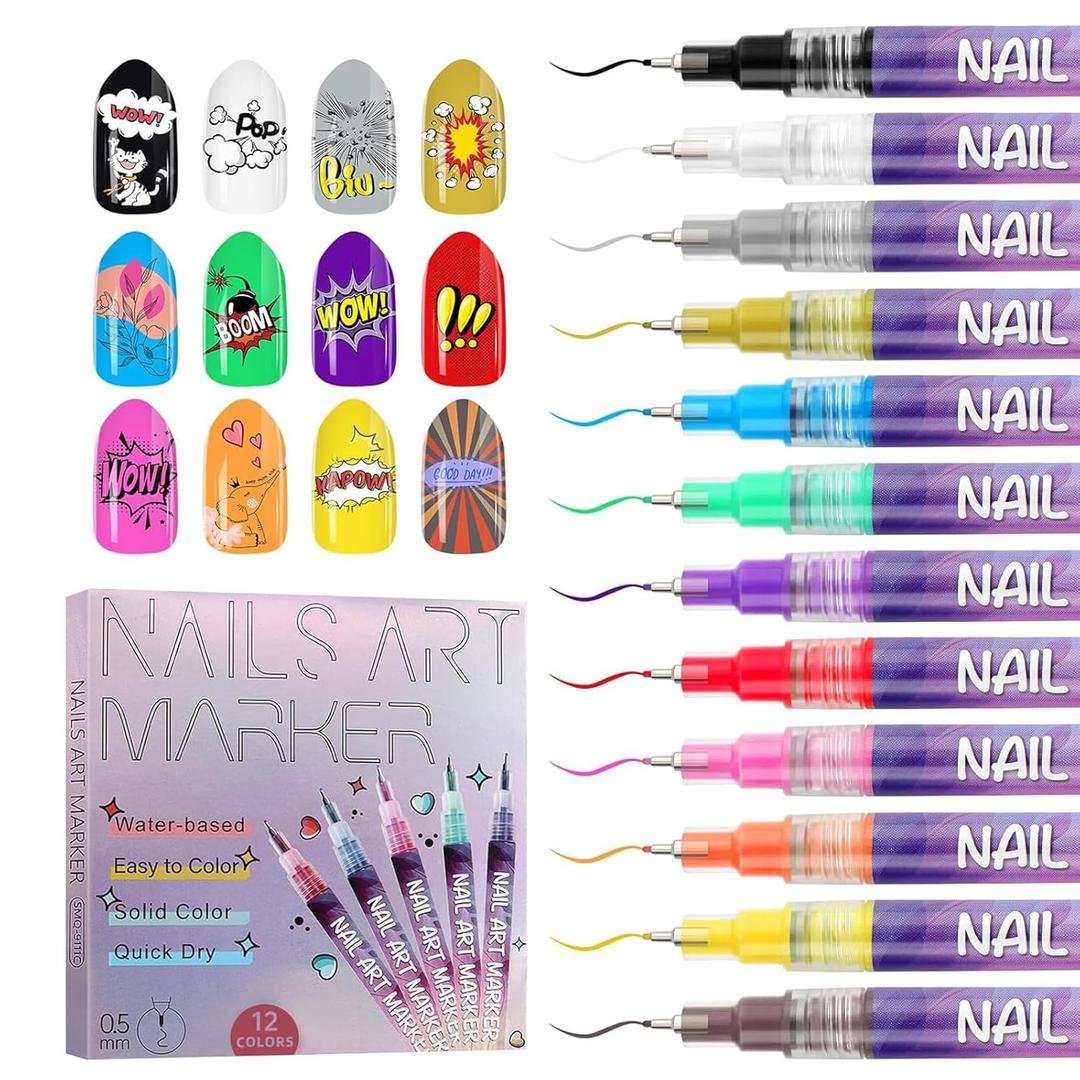 12 Color Acrylic Paint Pen Set, Kalolary Nail Art Polish Pens Nail Point Graffiti Dotting Pen Drawing Painting Liner Brush for DIY Nail Art Beauty Adorn Manicure Tools
