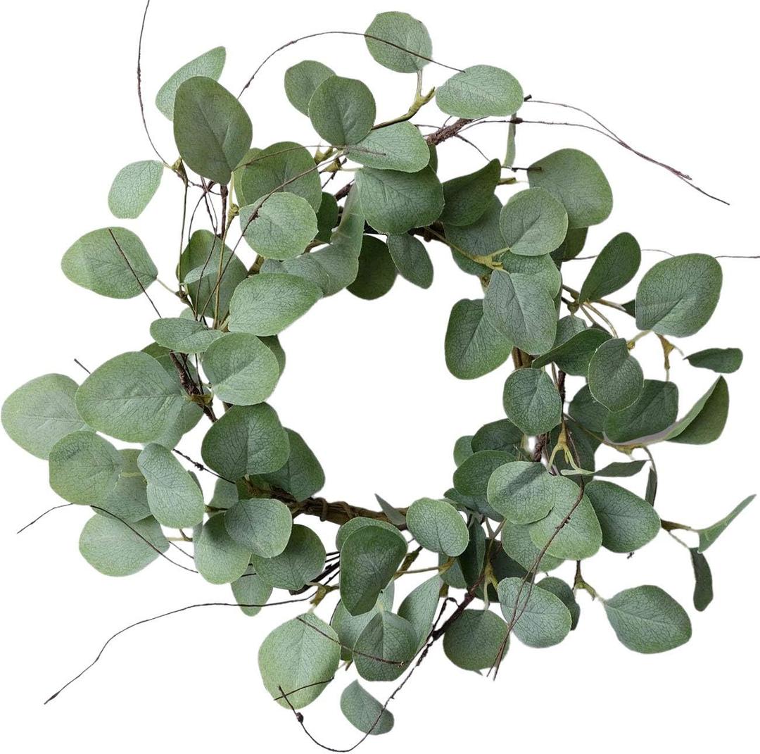 Idyllic Eucalyptus Leaves Wreath Metal Polyester Green Wreath 14 Inches for The Front Door Dcor, 1 Pack