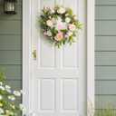 Spring Door Wreath for Front Door with Hook 20-22, Artificial Spring Door Wreath with White & Pink Peony Lavender Rabbit Wood Sign, Summer Wreaths for Windows Wall Romantic Home Dco