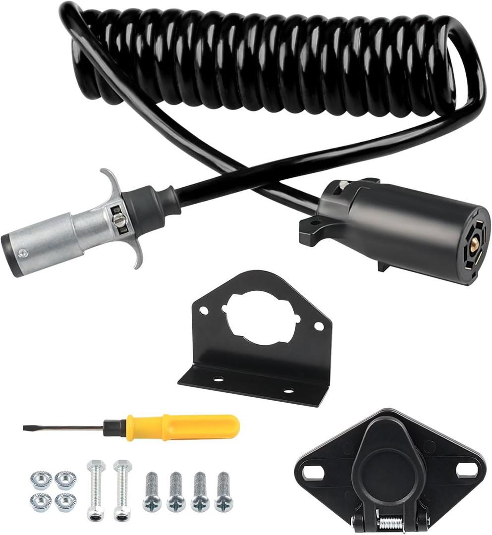 WATERWICH 7 Wire to Wire 6 Trailer Plug Kit with Female Receptor & 7 Pin to 6 Pin Trailer Adapter Coiled Cable & Mounting Bracket, 8FT Waterproof Flexible Cable (Black)