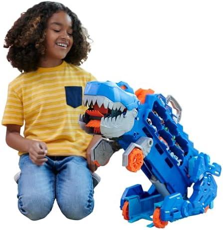 Hot Wheels City Toy Car Track Set, Ultimate T-Rex Transporter, Dinosaur Hauler for 20+ Vehicles, Semi Transforms into Dino with Lights & Sounds
