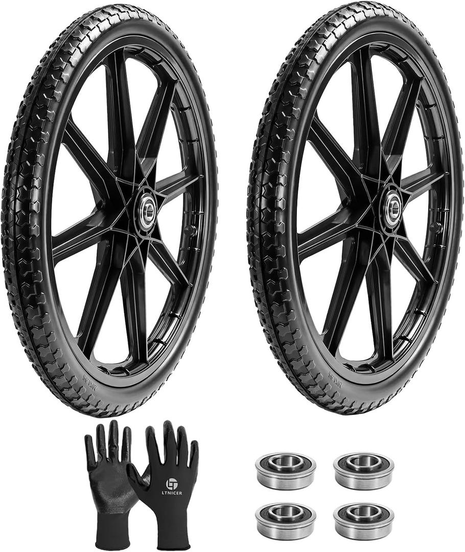 (2-Pack) 20" Flat Free Cart Wheels, 20x2 Solid Rubber Wheels for Rubbermaid Garden Carts, 3/4" & 5/8" Bearing, 2.5" Hub Length, Black