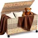 Cinnvoice 42.3 Gallon(160L) 30×17.7×18 in Wicker Storage Trunk with Wheels & Lid Heavy Duty Rolling Storage Bench Large Toy Chest Water Hyacinth Woven Blanket Bin for Bedroom, Laundry Room, Tricolor