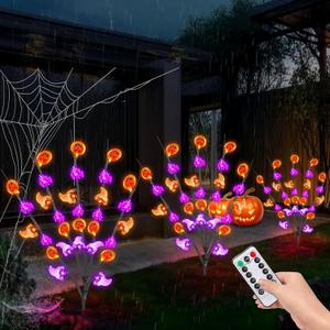 TURNMEON Halloween Decorations Outdoor Remote Control 3PCS Halloween Stake Lights Timer 8 Modes, Orange Purple Pathway Lights Ghost Bat Pumpkin Black Tree Branches Porch Yard Lawn Garden Decor