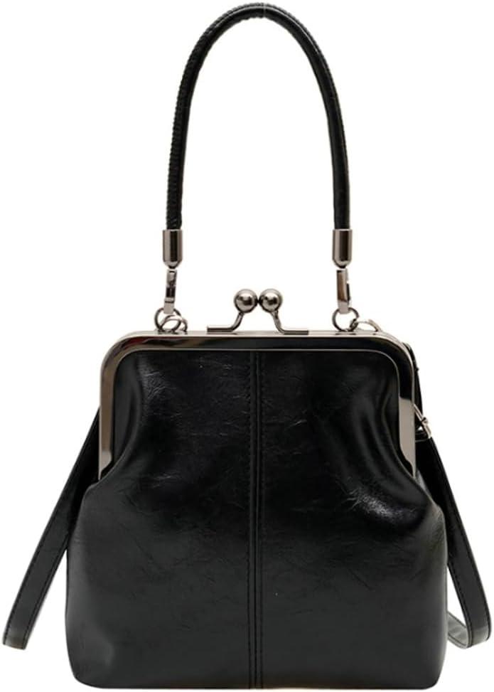 Women's Kiss Lock Crossbody Bag Small PU Leather Shoulder Purse Top Handle Phone Wallet Bag Tote Satchel Handbag (Black)