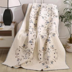 vctops 100% Cotton Quilted Throw Blanket 50x60 Inch Floral Embroidered Reversible Patchwork All Season Throw (Blue,50"x60")