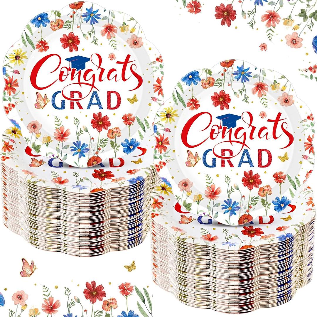 Funnymoom 100 Pcs Red and Blue Graduation Party Supplies, Class of 2026 Paper Plate Napkin Cup, Floral Graduation Cutlery Disposable Wildflower Tableware Set for Congrats Grad Party Decorations