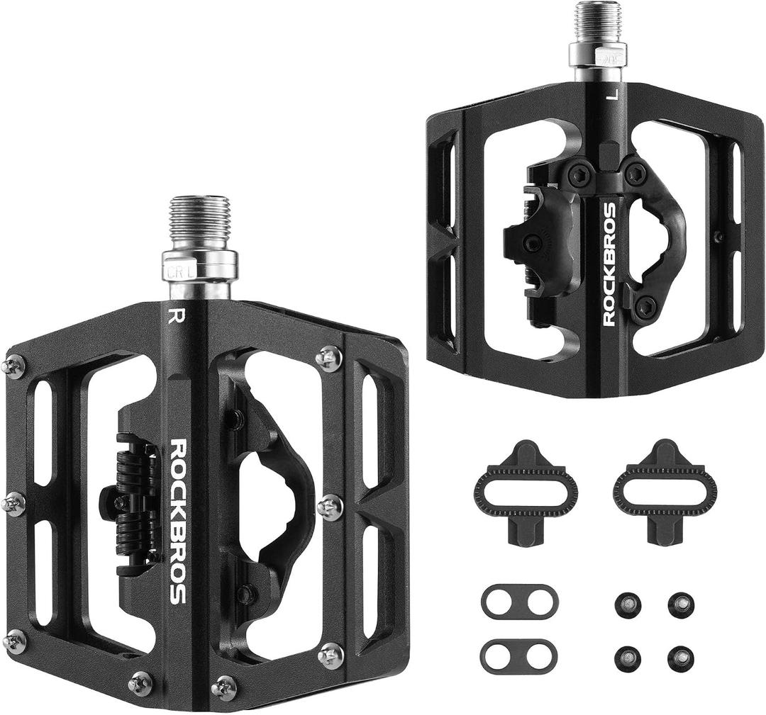ROCKBROS MTB Mountain Bike Pedals Compatible with SPD Mountain Bike Dual Function Sealed Clipless Aluminum Bicycle Flat Platform 9/16" Pedals with Cleats for Road, MTB, Mountain Bikes, Black