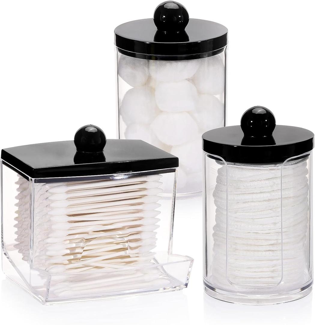 Tbestmax 3 Pack Qtips Holder Dispenser - Bathroom Organizers and Storage Containers, Plastic Apothecary Jars with Black Lids for Cotton Swab, Cotton Round Pads, Floss