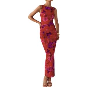MASCOMODA Womens Bodycon Summer Dresses 2026 Sleeveless Floral Mesh Maxi Dress Side Slit Ruched Long Party Cocktail Dresses(Orange Red, Large)
