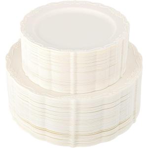 U-QE 100 Pieces Ivory Plastic Plates for Party - Ivory Disposable Plastic Plates - Heavy Duty Disposable Plates Including 50 Dinner 10 '' & 50 Dessert 7.5'' for Valentine's Day