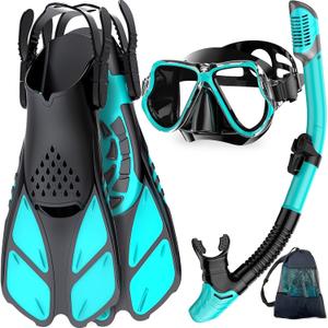 Zenoplige Mask Fins Snorkel Set, Snorkeling Gear for Adults, Panoramic View Snorkel Mask Anti-Fog, Adjustable Dive Flippers, Dry Top Snorkel and Travel Bag, Scuba Gear for Swimming Snorkeling Diving (Small-Medium, Green Black)