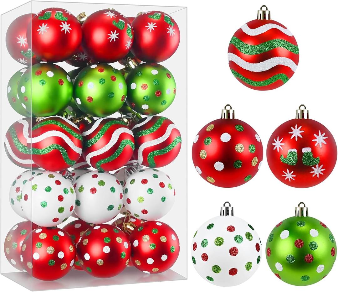 Christmas Ornaments Balls - 30 Pcs 2.4 Inch Shatterproof Plastic Christmas Balls Sets, Red Green & White Small Christmas Tree Ball Hanging Ornaments for Holiday Wreath Party Christmas Tree Decor (E)