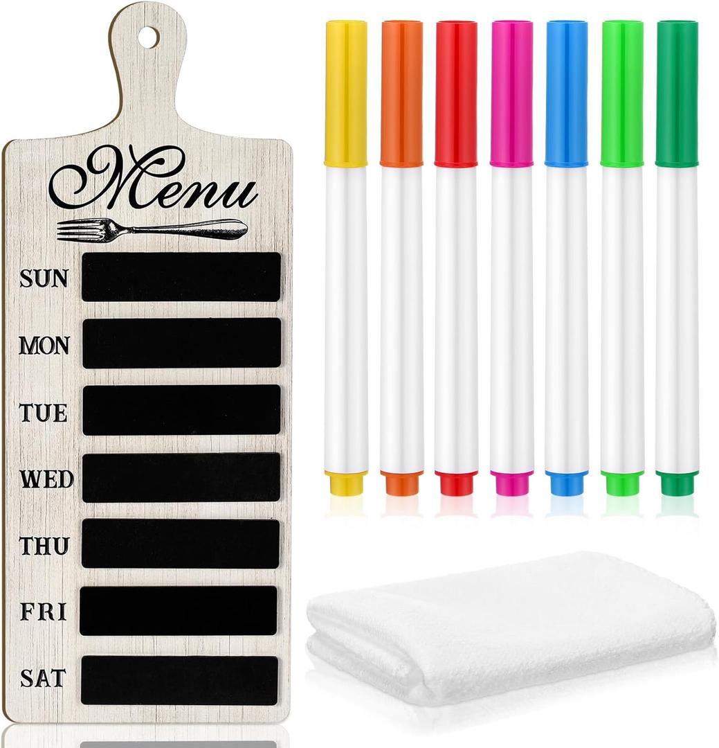 Maxdot Weekly Menu Board Kitchen 16.5 x 6.3 Inches Wood Menu Planner Board with 7 Markers and Towel Kitchen Weekly Planner Plaque Wall Signs for Dinning Room Home Decor