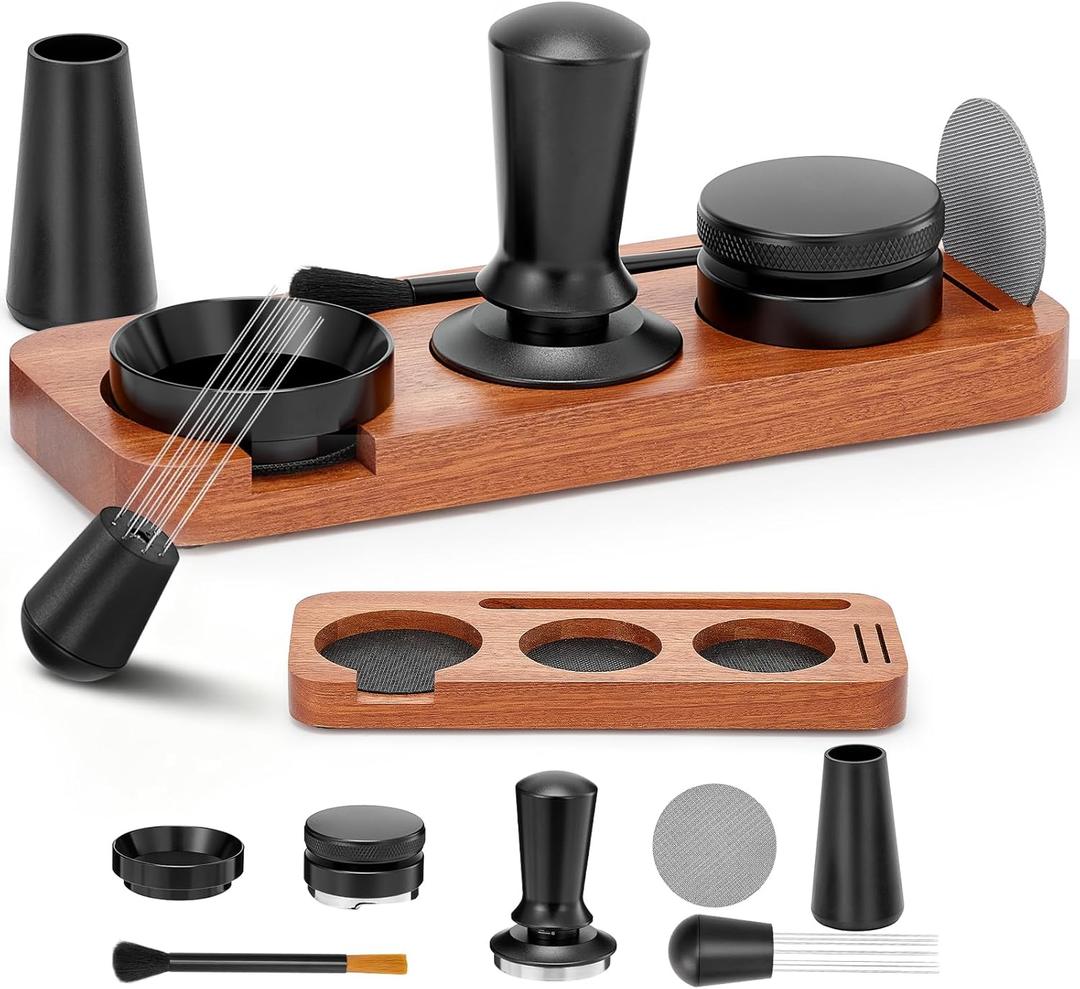54mm Espresso Accessories Kit, 7 PCS Espresso Tamper Tools, WDT Tool Set with Coffee Tamper, Distributor, Dosing Funnel, Stirrer, Puck Screen, Brush & Wood Tamping Station - Fits 54mm Portafilter